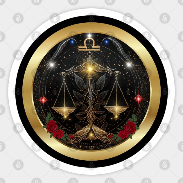 Astological Libra balancing scales in a field of stars Sticker by Spacetrap